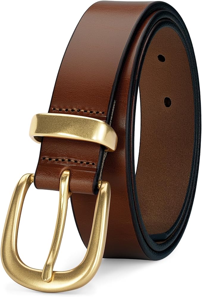 Womens Belts for Jeans 1.1" Width Ladies Belts for Dresses Full Grain Leather Gold Buckle Belt Gift Box