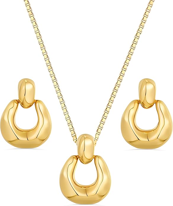 Necklace Earring Set for Women | 18K Gold Plated Statement jewelry | Trendy Pendant Necklace and Hoop Earrings for Her