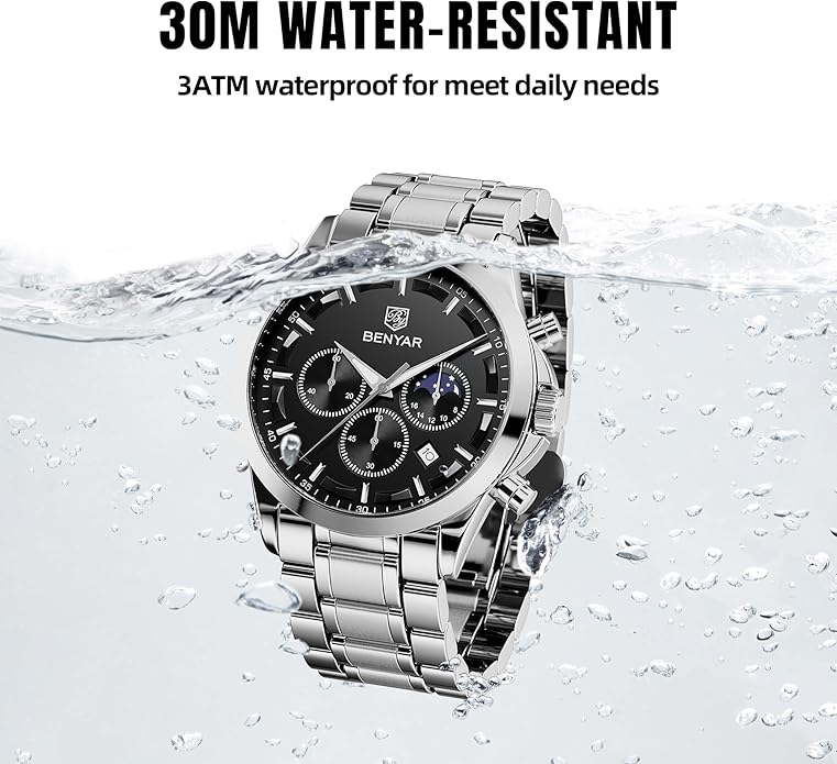 BY BENYAR Mens Watches Analog Quartz Chronograph Waterproof Wrist Watches for Men Fashion Business Work Casual Sport Designer Dress Watch with Calendar Elegant Gifts for Men