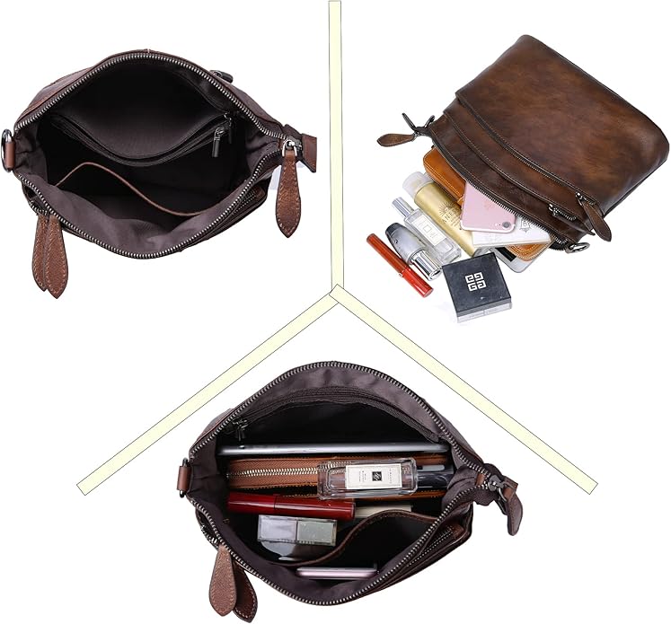 HESHE Crossbody Bags for Women Genuine Leather Purses with Multi-Pockets Vintage Ladies Small Shoulder Satchel Bag