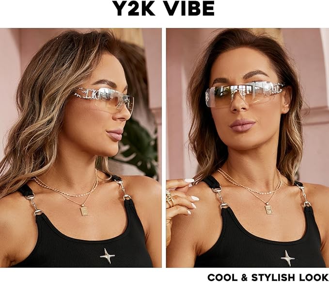 mosanana Y2K Rhinestone Flame Rectangle Sunglasses for Women with Bling Glitter MS52350