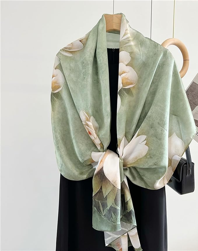 100% Mulberry Silk Scarfs for Women Floral Print Satin Long Scarf for Headscarf Hair Wraps Shawl with Gift Packed