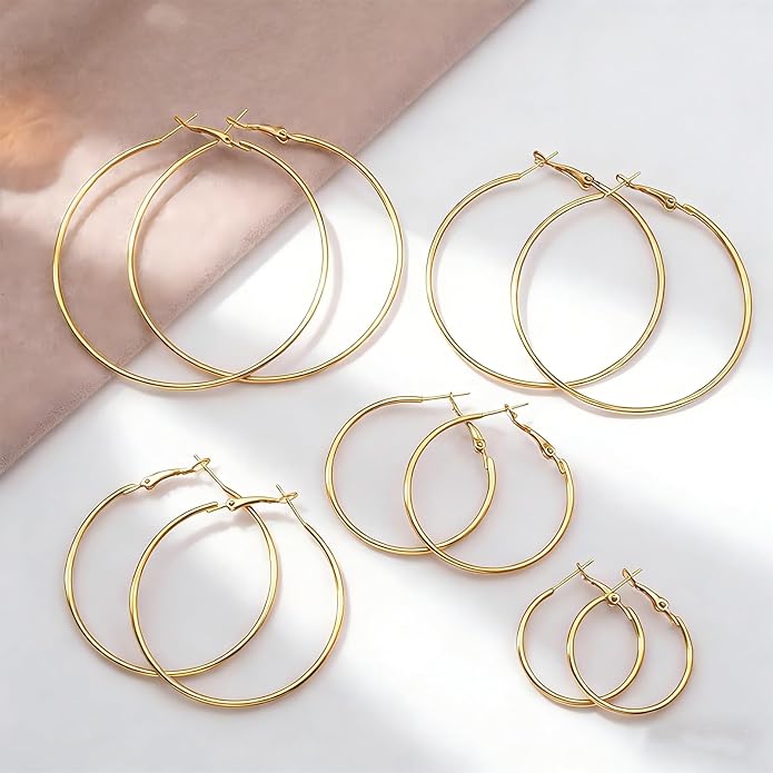 4/5/6 Pairs Stainless Steel 30/40/50/60/70 mm Silver 14K Gold Hoop Earrings for Women Hypoallergenic Big Thin Lightweight Dangle Set