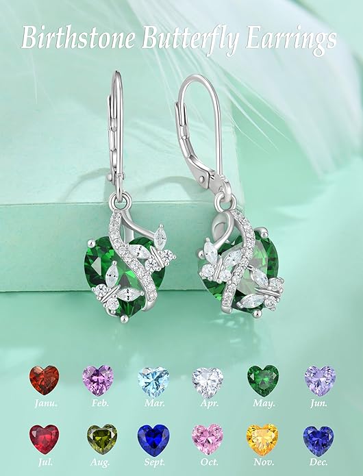 Butterfly Earrings for Women 925 Sterling Silver Heart Earring Birthstone Jewelry