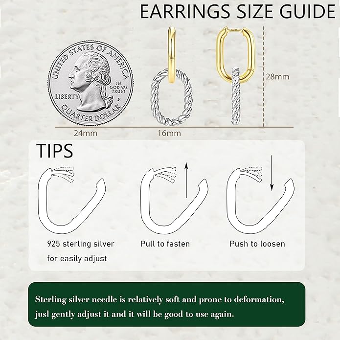 18K Gold Plated Two Tone Gold Silver Hoop Earrings for Women Hypoallergenic - 925 Sterling Silver Drop Dangle Paperclip Huggie Hoop Earrings - Chain Link Dangle Earrings Jewelry