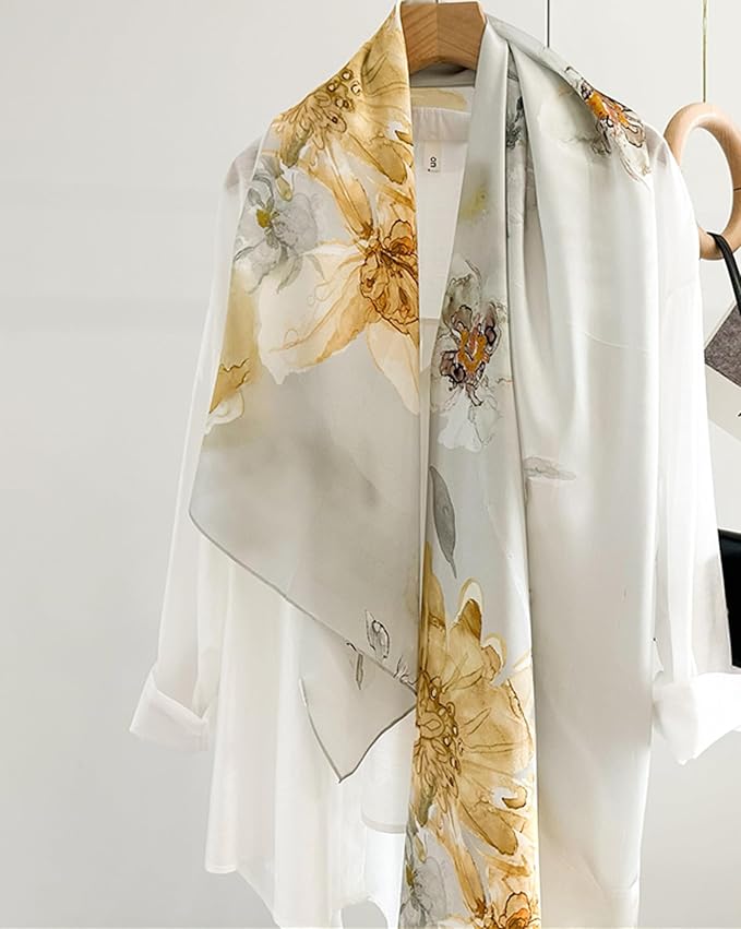 100% Mulberry Silk Scarfs for Women Floral Print Satin Long Scarf for Headscarf Hair Wraps Shawl with Gift Packed