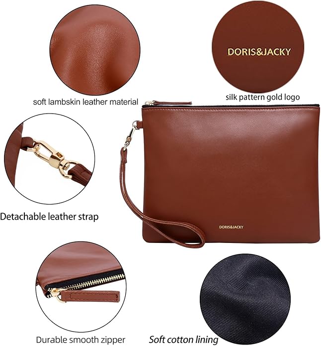 DORIS&JACKY Lambskin Leather Wristlet Clutch Purse for Women Soft Designer Slim Cell Phone Pouch Bag with Detachable Strap