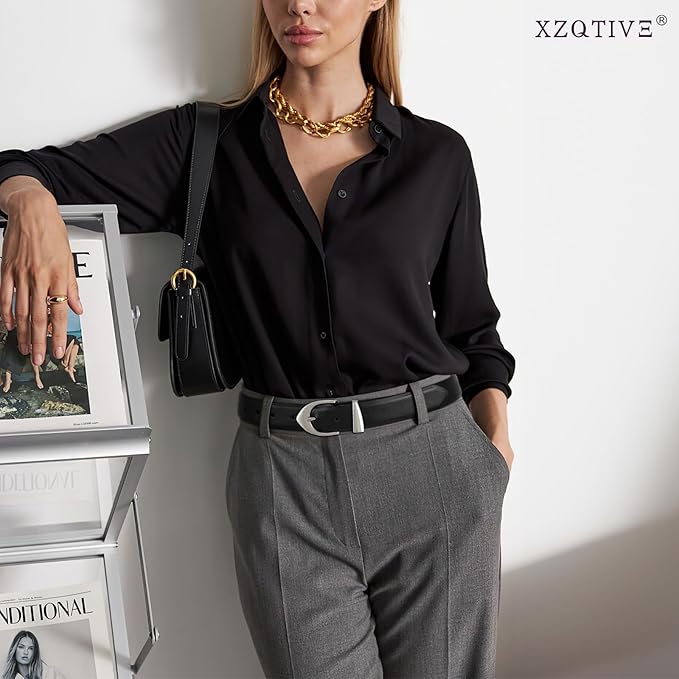 XZQTIVE Women's Leather Belts, Classic Minimalist Design For Jeans Pants Dresses, Black Belt With Gold Buckle
