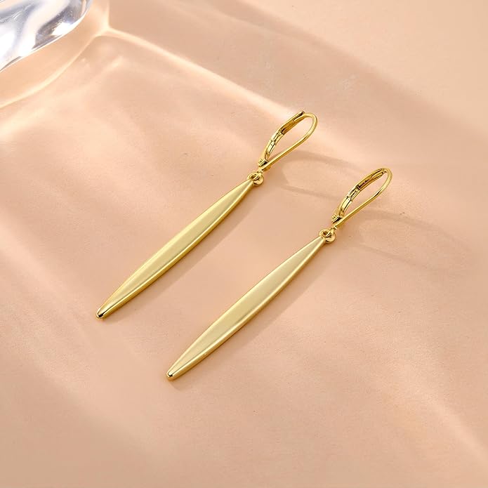 ALEXCRAFT 925 Sterling Silver & 14K Gold Plated Long Dangle Drop Earrings for Women Minimalist Hypoallergenic Vertical Bar Leverback Dangling Earrings Lightweight Daily Fashion Jewelry Gifts