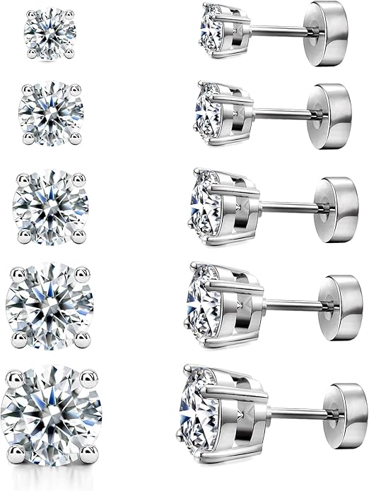 Kainier Women's 14K Gold Plated CZ Stud Earrings Simulated Diamond Round Cubic Zirconia Ear Stud Set（5 Pairs)…