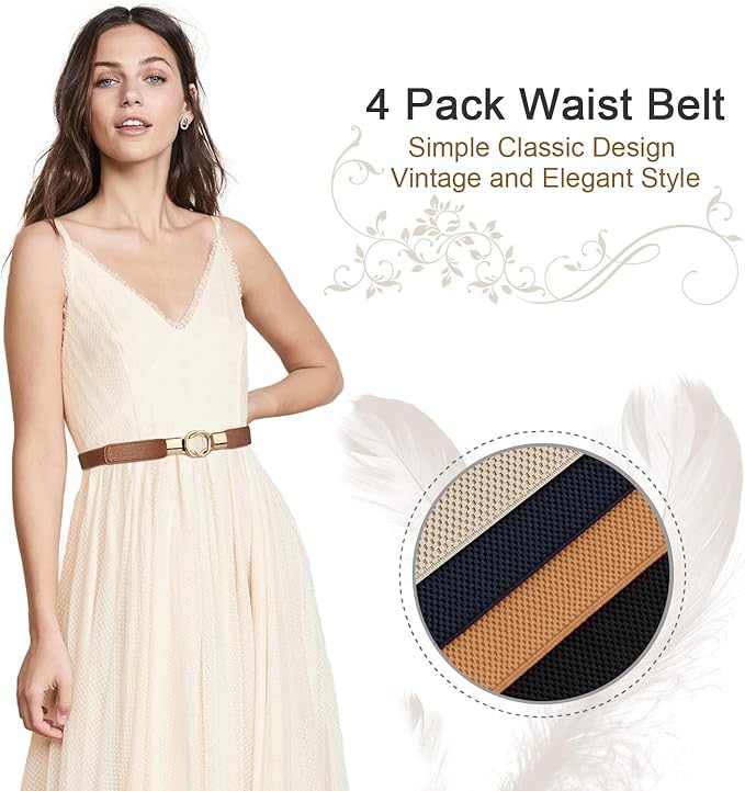 WERFORU Women Skinny Belt for Dresses Retro Stretch Waist Belt with Gold Buckle Set of 4