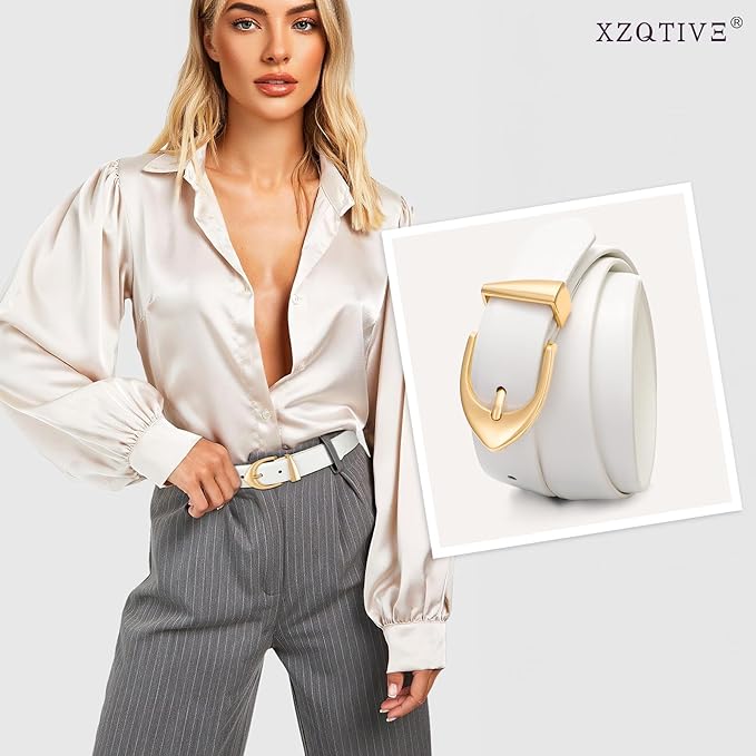 XZQTIVE Women's Leather Belts, Classic Minimalist Design For Jeans Pants Dresses, Black Belt With Gold Buckle