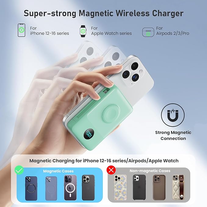 Magnetic Portable Charger for iPhone with Built-in Cables, 6-in-1 10800mAh Power Bank with iWatch Charger & LCD Display,25W Fast Charging Battery Pack for iPhone 17/16/15/14/13/12,Apple Watch (Green)