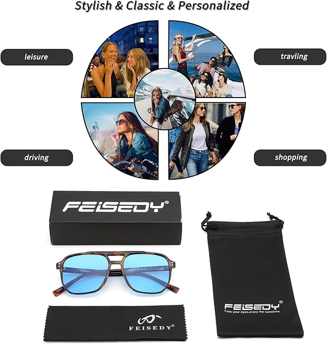 FEISEDY Retro Square Aviator Sunglasses Women Men 70s Vintage Trendy Plastic Frame Sun Glasses B2835