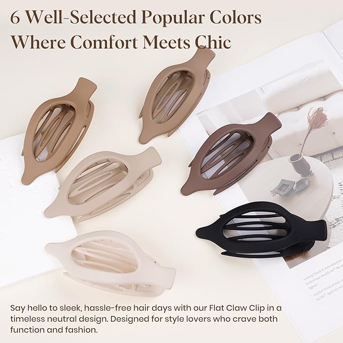 6 PCS Large Flat Hair Clips for Women Girls, French Concord Lay Down Claw Clips for Thick Thin Hair, Comfortable Curved Flat Hair Clips, Matte Non-slip Strong Hold Hair Accessories, Neutral
