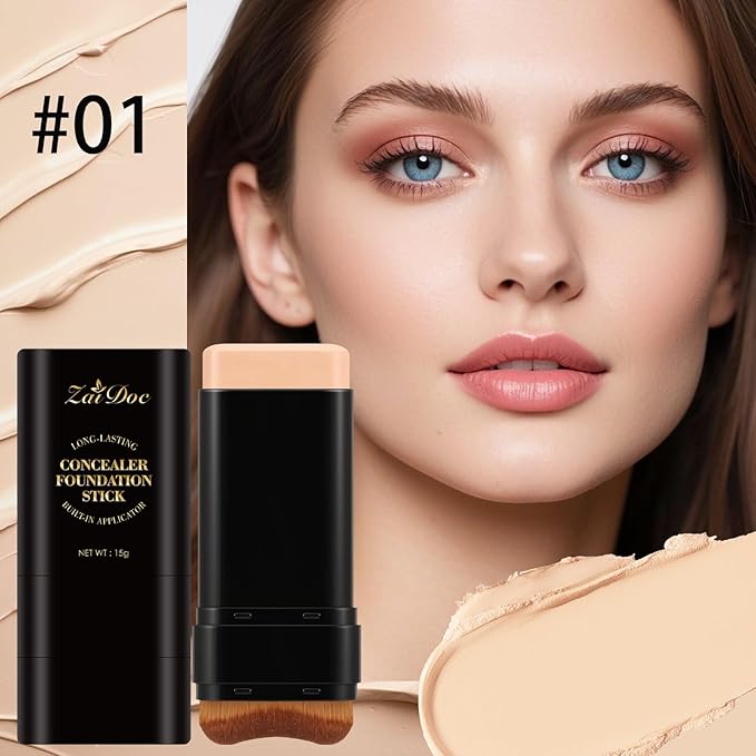 Concealer Foundation Stick, 2-in-1 Long-Lasting Foundation and Concealer with Brush, Creamy Full Coverage for Dark Circles & Blemishes, Hydrating Olive & Camellia, 2.09 Oz (01#)