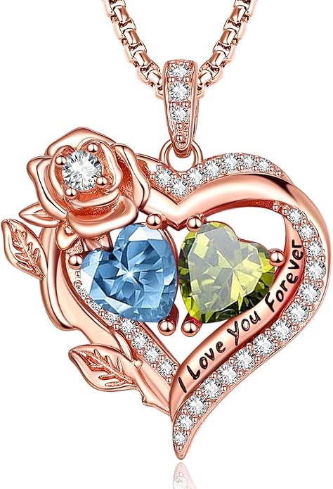 Rose Heart Necklaces for Women, Rose Gold Forever Love Jewelry with 2 Birthstones Pendant, Christmas Anniversarry Birthday Gifts for Her Wife Mom Grandma, 18+2 Inch Chain