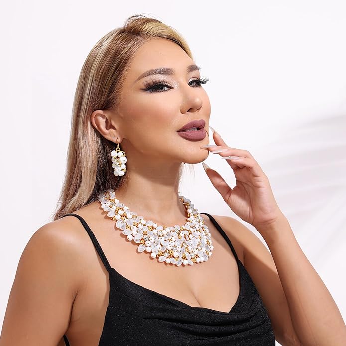 Bocar Fashion Crystal Chunky Collar Statement Necklace Earring Set for Women Gift (NK-10260)