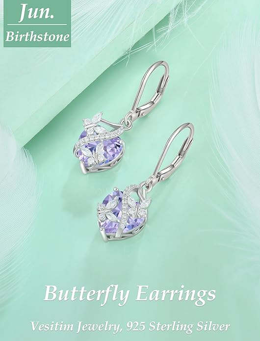 Butterfly Earrings for Women 925 Sterling Silver Heart Earring Birthstone Jewelry