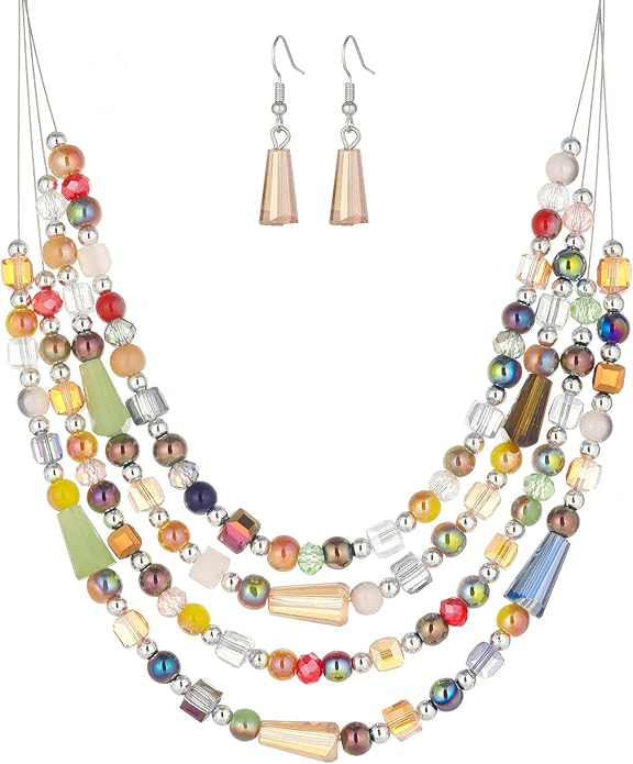 Layered Beaded Statement Necklace Multi Strand Crystal Beads Collar Necklace and Earring Sets for Women Fashion Costume Jewelry Set Gifts for Her