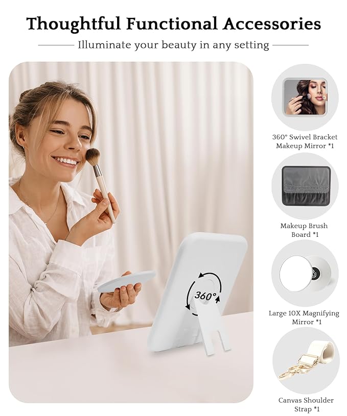 MOMIRA Travel Makeup Bag Cosmetic Bag with Lighted Mirror, Adjustable Brightness in 3 Color Scenarios/Detachable makeup mirror, 2024-All-round Upgrade, Waterproof, Gift for Women -Glett White