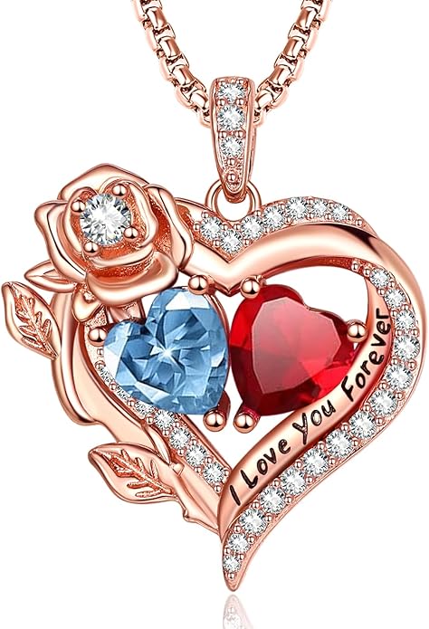 Rose Heart Necklaces for Women, Rose Gold Forever Love Jewelry with 2 Birthstones Pendant, Christmas Anniversarry Birthday Gifts for Her Wife Mom Grandma, 18+2 Inch Chain