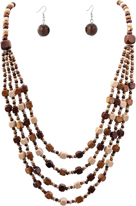 MILAKOO Wood Beads Necklace & Earrings for Women Chunky Multi-Layering Choker Necklace Ear Pendant