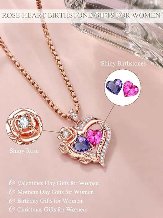 Rose Heart Necklaces for Women, Rose Gold Forever Love Jewelry with 2 Birthstones Pendant, Christmas Anniversarry Birthday Gifts for Her Wife Mom Grandma, 18+2 Inch Chain