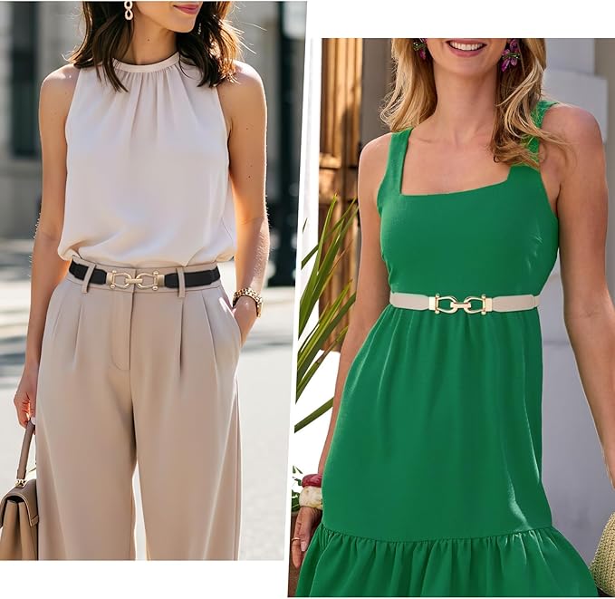 JASGOOD Women Skinny Elastic Belt for Dresses,Thin Retro Stretch Waist Belt with Golden Buckle