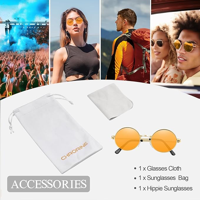 CHRORINE Hippie Sunglasses Round 70s Retro Glasses for Women Men Party Accessory Festival Fashion Vintage Sunglasses