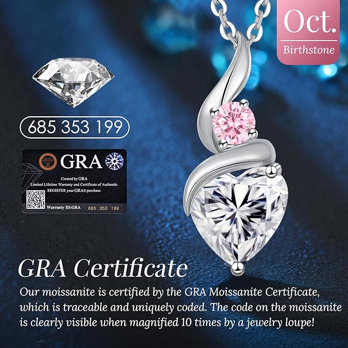 ANDSO Moissanite Heart Pendant Necklaces for Women, 925 Sterling Silver Necklace with Birthstone, Ideal Anniversary Present or Birthday Christmas Valentine Jewelry Gifts for Mom Wife Her Girlfriend