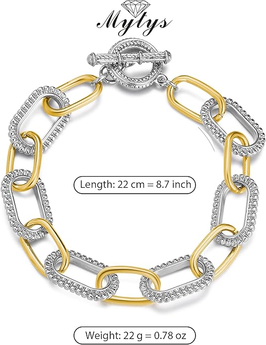 Mytys Link Bracelet for Women Gold and Silver 2 tone Circles Chain Wire Bangle Bracelets