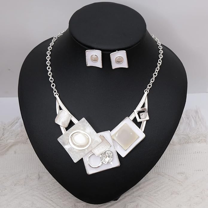 CSY Fashion Boho Oval Crystal Opals Statement Bib Necklace Earrings Bohemian Enamel Costume Jewelry Set Gifts for Women