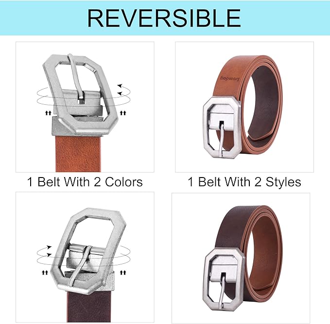 Reversible 1.3" Leather Belt for Women - Vintage Silver Buckle Fashion Belt for Jeans and Dresses