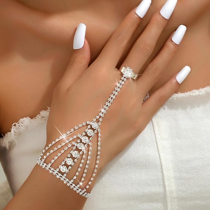 Sparkly Rhinestone Hand Chains Finger Ring Bracelets Silver Crystal Flower Chain Ring Bracelet Boho Hand Harness Chain Bracelet Wedding Party Prom Christmas Fashion Jewelry Accessories for Women