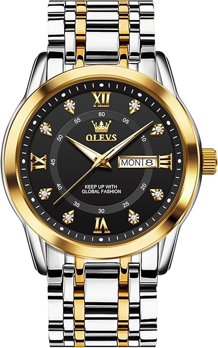 OLEVS Men's Stainless Steel Watch, Large Face Roman Numerals Diamond Accented Three-Hand Analog Quartz Watches for Men, Easy to Read Day Date Waterproof Luminous Mens Wristwatch