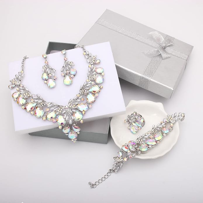 Jewelry Set for Women, Statement Necklace Dangle Earrings Bracelet Ring, White/KC Gold Plated Jewelry Set with Rhinestone Pearl Crystal Wedding Party Jewelry for Bridal Bridesmaid