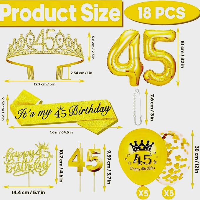 45th Birthday Decorations for Her Girls Set, Include 45th Birthday Crown and 45 Sash, 45th Birthday Cake Topper and 45 Birthday Candles, Gold 45 Balloons, Women 45th Party Supplies(Gold)
