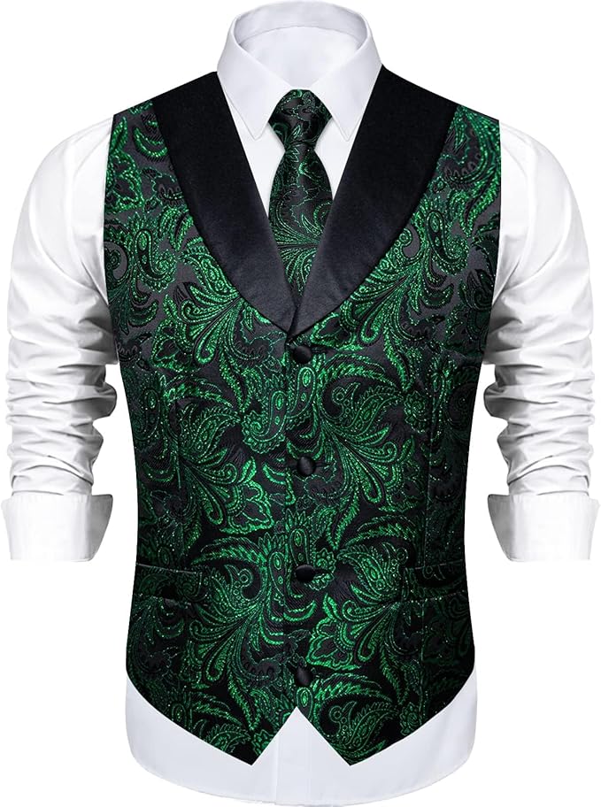 DiBanGu Mens Paisley Suit Vest Silk Jacquard Waistcoat and Necktie Set Formal Shawl Collar Dress Vest 7PCS for Wedding Party