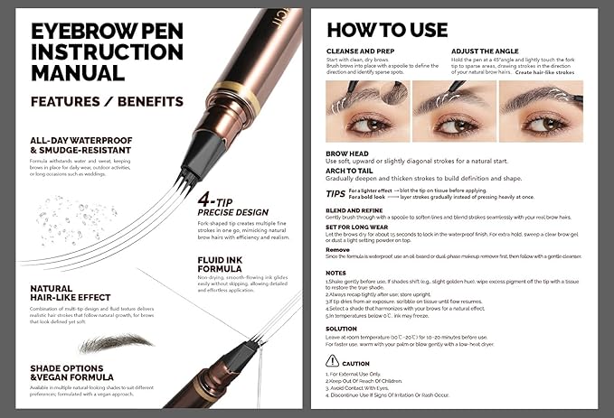2 Pack 4-Tip Microblading Eyebrow Pen with 2 Brow Brushes, Waterproof Vegan Formula Eyebrow Pencils for Women to Effortlessly Create Natural Hair-Like Strokes, All-Day Wear (Natural Brown)