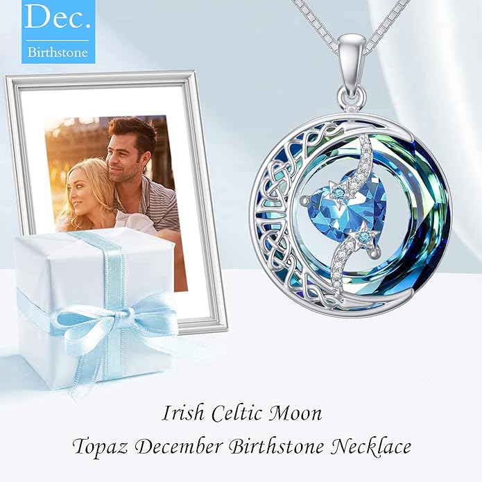 TOUPOP Birthstone Necklace 925 Sterling Silver Moon and Star Pendant with Blue Crystal Celtic Moon Jewelry Birthday Valentines Day Gifts for Women Mom Wife Her