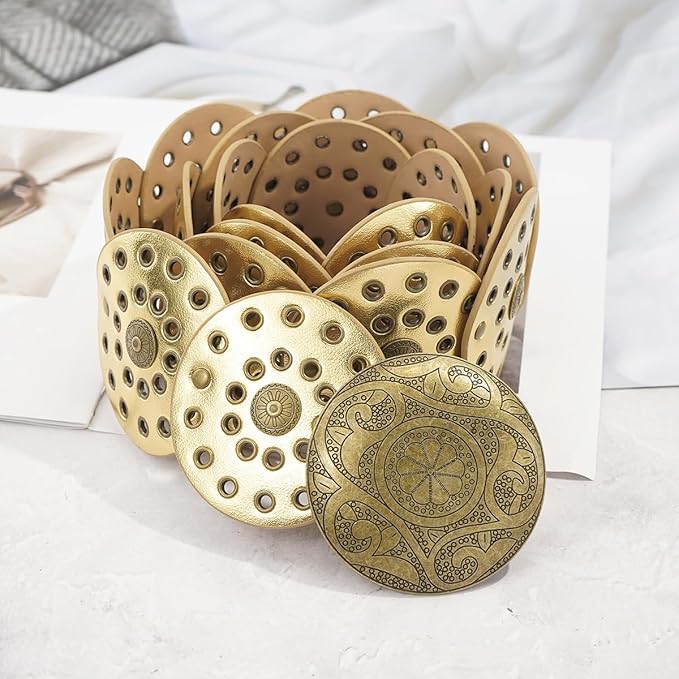 Wide Disc Belt for Women Vintage Hollow Boho Leather Belt Western Chunky Waist Belt Cowboy Metal Buckle Concho Belts