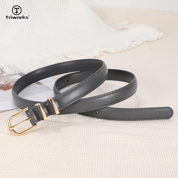 2 Pack Women Skinny Leather Belts for Jeans Pants Thin Faux Leather Belt with Gold Buckle