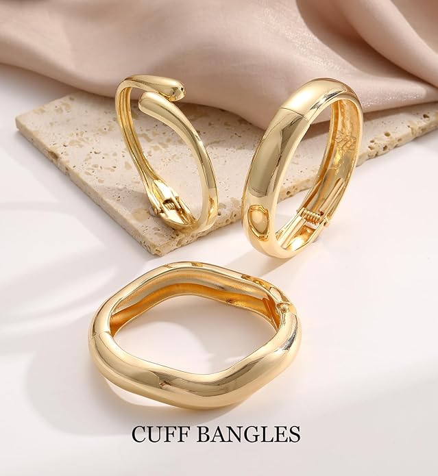 Chunky Gold Bangle Bracelets for Women, 14k Gold Plated Dainty Cuff Stackable Bangles Set, Trendy Bracelet Stack Fashion Jewelry Gifts