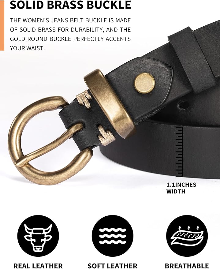 Womens Belt for Jeans Genuine Leather Belt Vintage Solid Brass Circle buckle Gift Box Packaging