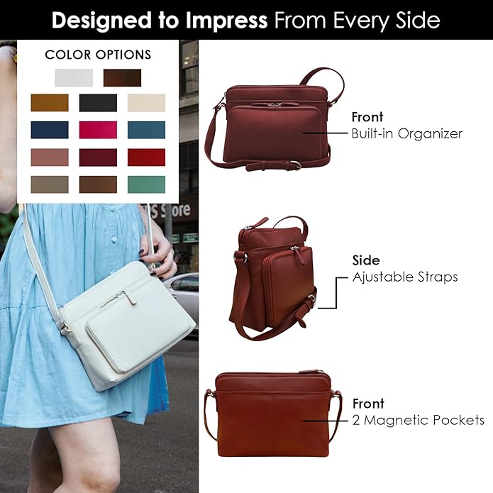 ili New York Genuine Leather Crossbody Bags for Women - Premium RFID Blocking Shoulder Bag Organizer with Adjustable Strap