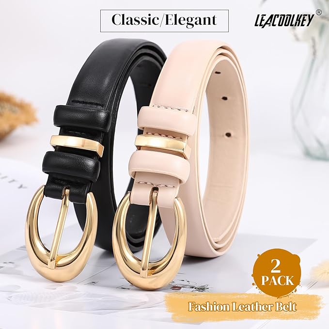 2 Pack Women Leather Belts for Jeans Dress Fashion Ladies Belt with Gold Silver Buckle