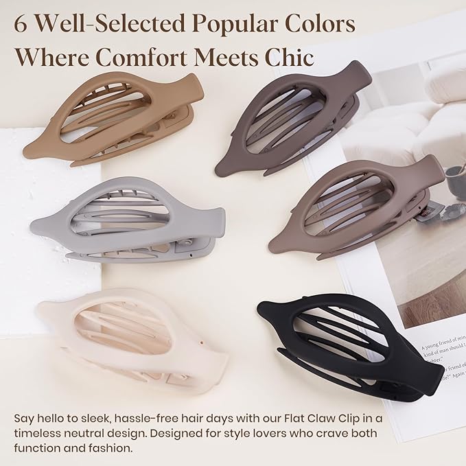 Oeusnae 6 PCS Large Flat Hair Clips for Women Girls, French Concord Lay Down Claw Clips for Thick Thin Hair, Comfortable Curved Flat Clips, Matte Non-slip Strong Hold Hair Accessories, Neutral Colors