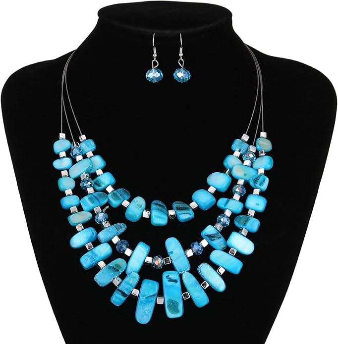 3 Layered Chunky Statement Necklace for Women Beaded Strand Necklaces with Earring Fashion Costumes Collar Necklace Jewelry Sets Gifts for Women