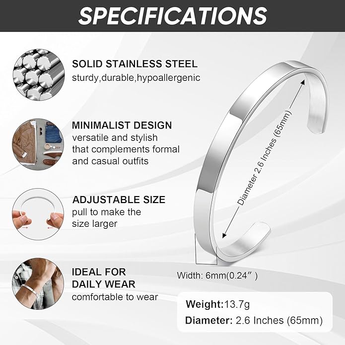 MEALGUET Stainless Steel Mens Cuff Bracelet : Minimal Cool Silver/Black/Gold Plated Open Metal Cuff Bangle Bracelets for Men,Mens Bracelet Jewelry Gift